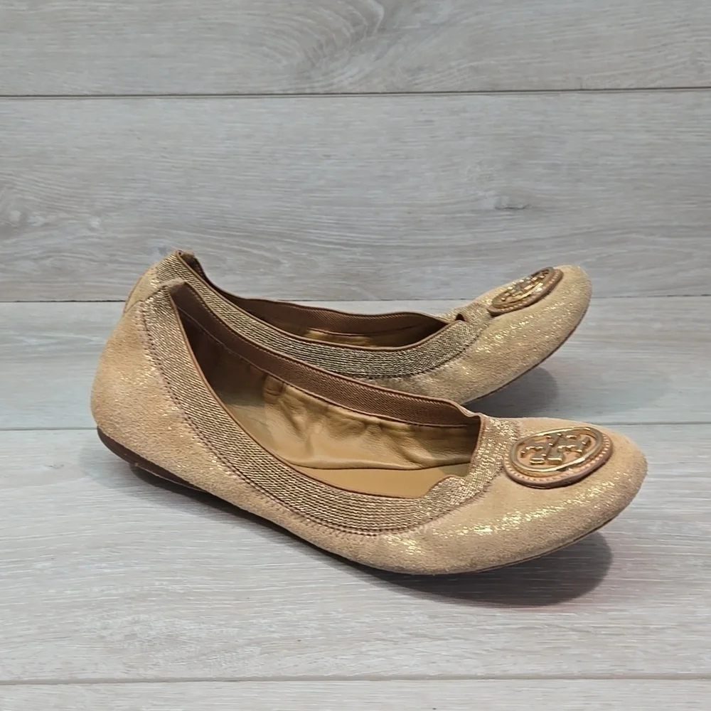 Tory Burch Glitter Suede Stretch Gold Ballet Flats Logo Shoes Sz 7M